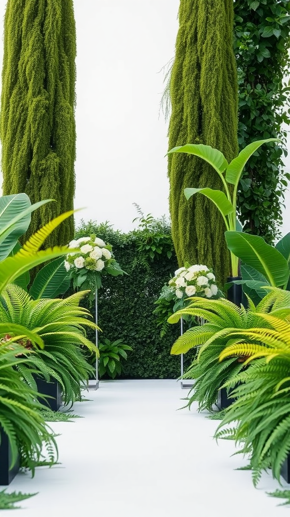 Indoor wedding aisle decorated with lush greenery and white flowers