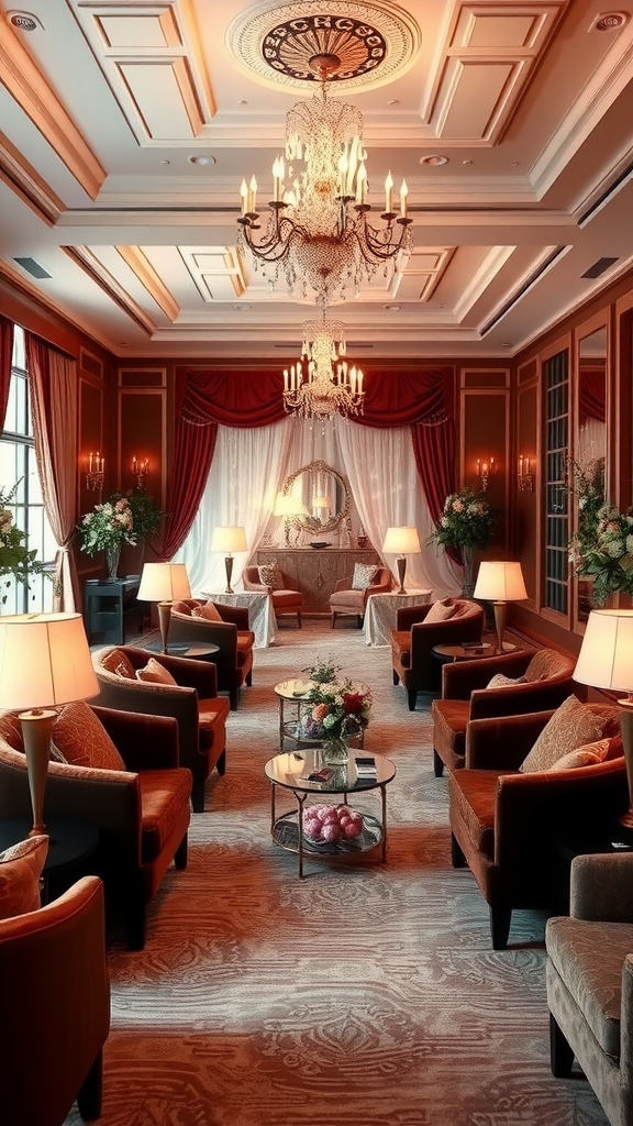 Luxurious wedding lounge area with chandeliers, plush seating, and elegant decor.