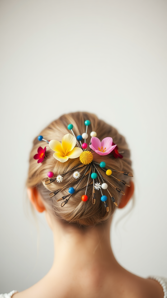 A messy bun hairstyle for bridesmaids featuring colorful flowers and decorative pins.