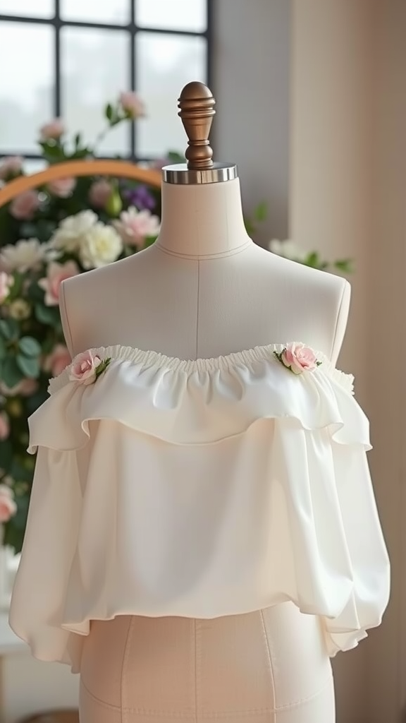 A modern off-shoulder wedding blouse with ruffles and floral accents displayed on a mannequin.