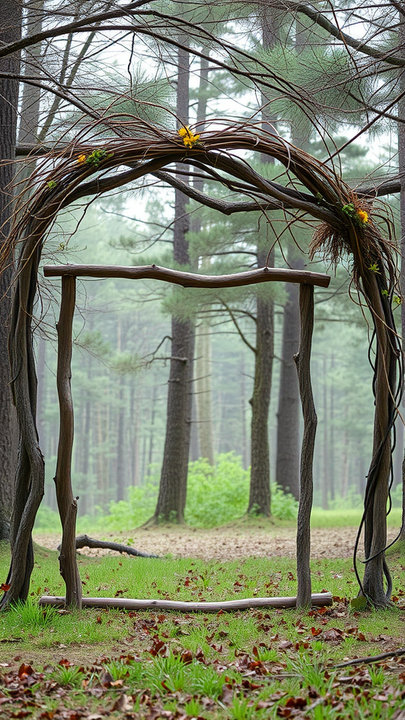 A rustic wedding arch made of twisted branches and adorned with small yellow flowers, set in a peaceful forest.