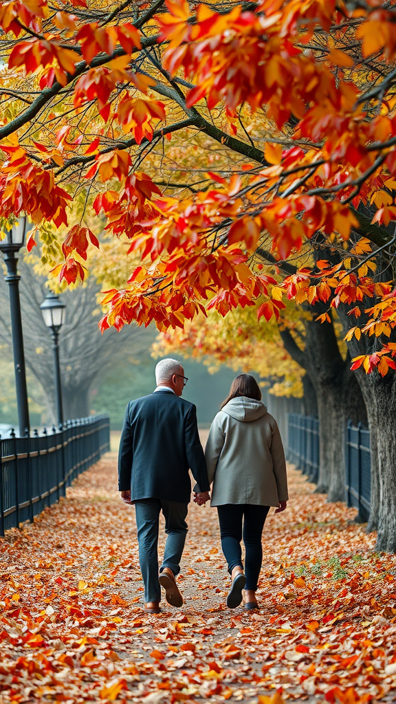 Couple walking hand in hand under trees with colorful autumn leaves