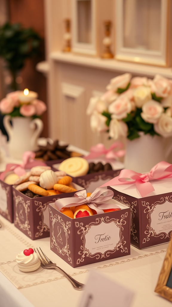 Decorative dessert boxes filled with assorted sweets on a wedding dessert table.