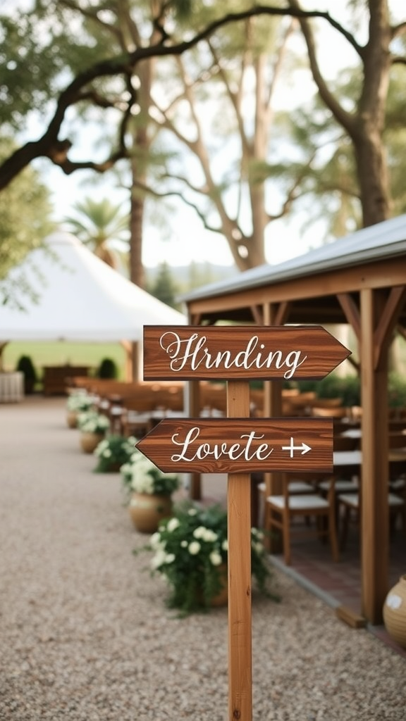 A wooden signpost with arrows indicating directions for guests at a wedding