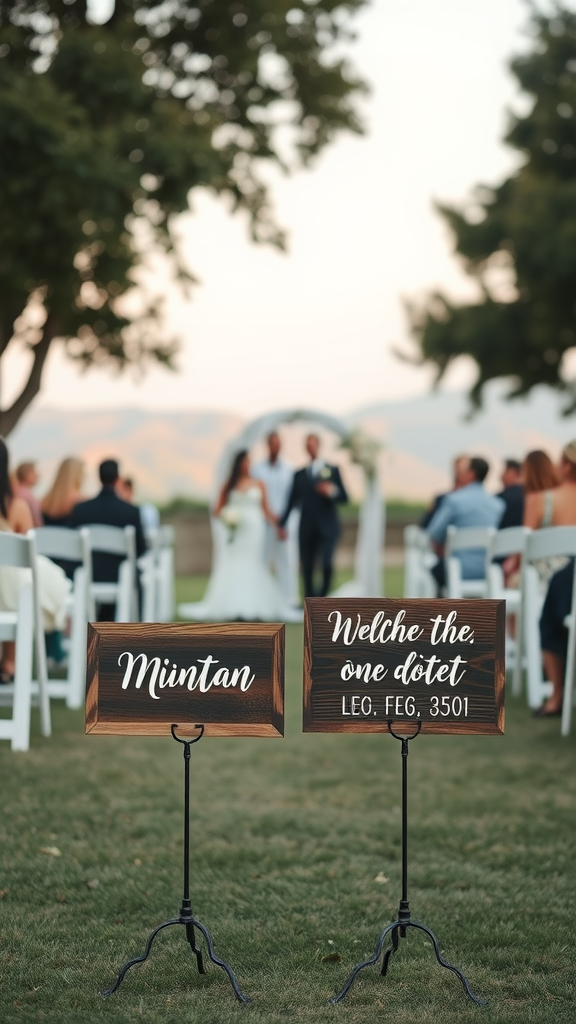 Two personalized wooden signs with elegant lettering at a wedding ceremony