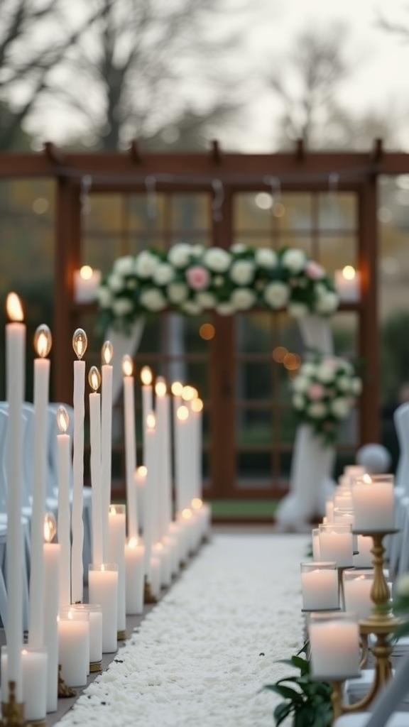 Indoor wedding aisle decorated with candles and flowers