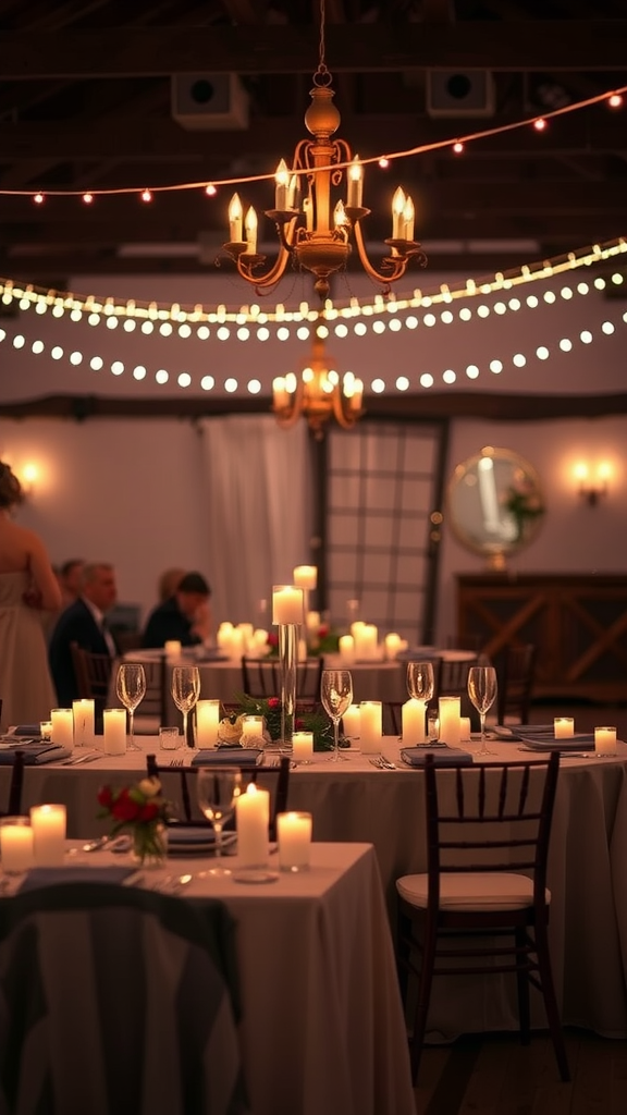 A beautifully decorated wedding reception with tables lit by candles and string lights overhead.