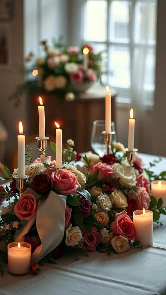 A romantic wedding table setting with candles and rose arrangements