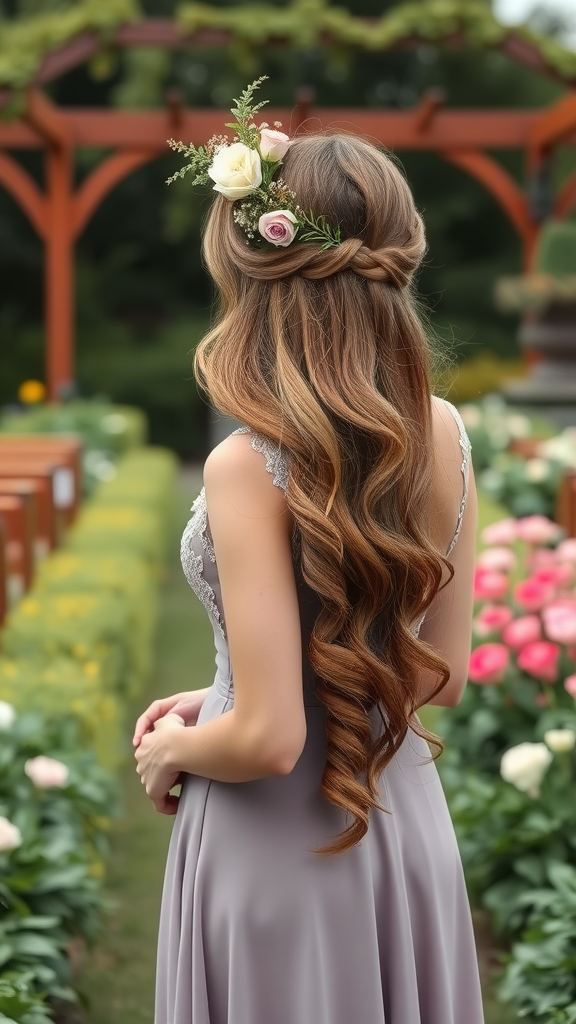 A bridesmaid with loose waves and floral accents in her hair, standing in a garden