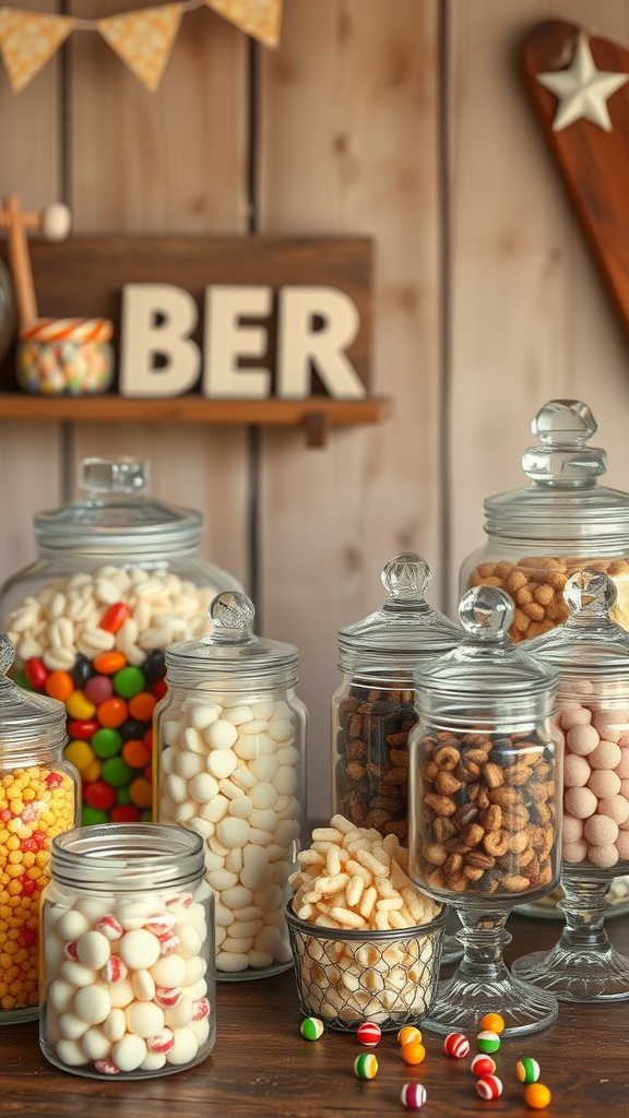 Rustic dessert bar featuring various jars filled with colorful candies and decorative elements.