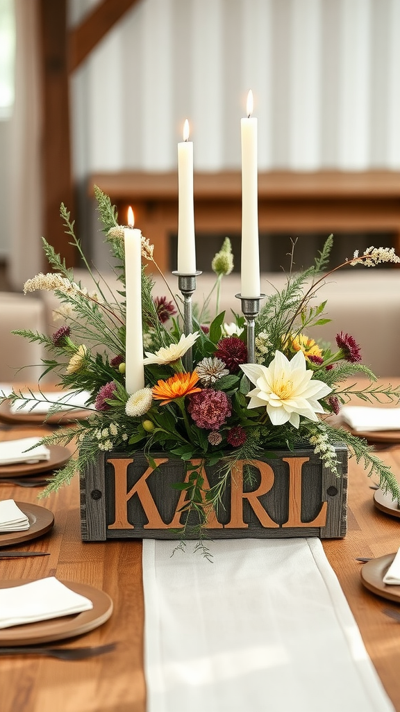 A rustic wooden centerpiece featuring flowers and candles on a wedding table.