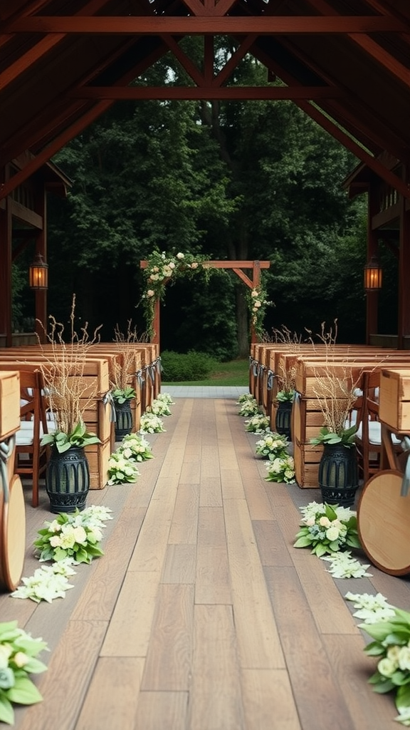 Indoor wedding aisle decorated with rustic wooden elements and floral arrangements