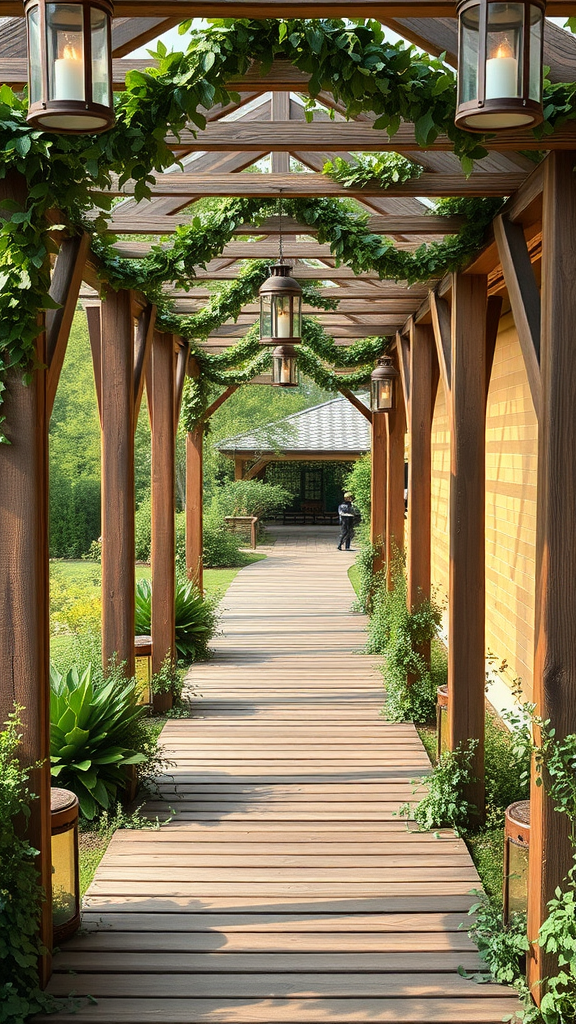 A rustic wooden pathway decorated with greenery and lanterns, leading towards a wedding venue.