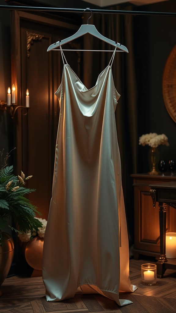 A satin slip dress hanging elegantly in a dimly lit room with candles and decorative elements.