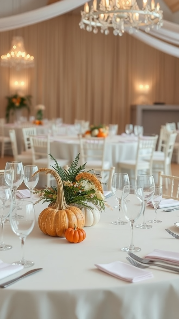 Table setting with pumpkins, flowers, and elegant glassware for a fall wedding decor.