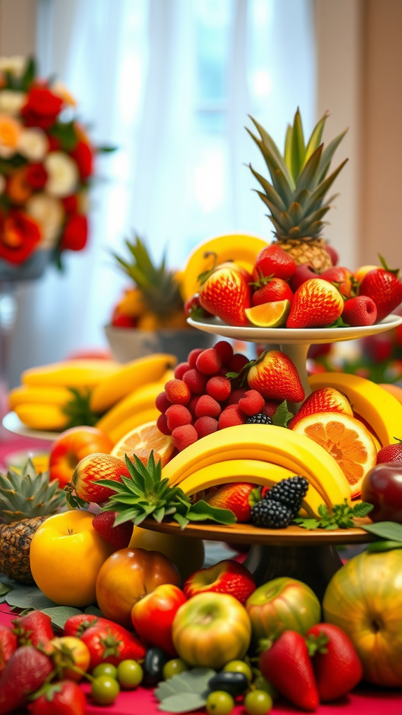 A vibrant wedding dessert table with an arrangement of seasonal fruits including strawberries, bananas, and oranges.