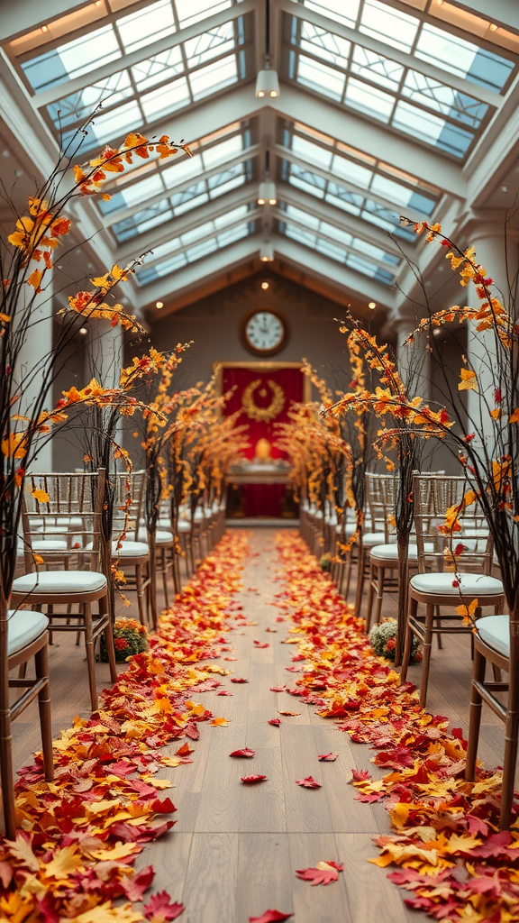 Indoor wedding aisle decorated with autumn leaves and branches