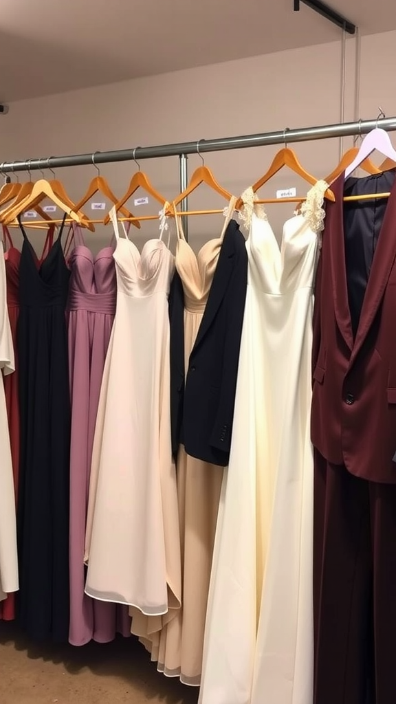 A collection of bridesmaid dresses in various colors and styles, along with a suit, displayed on hangers.