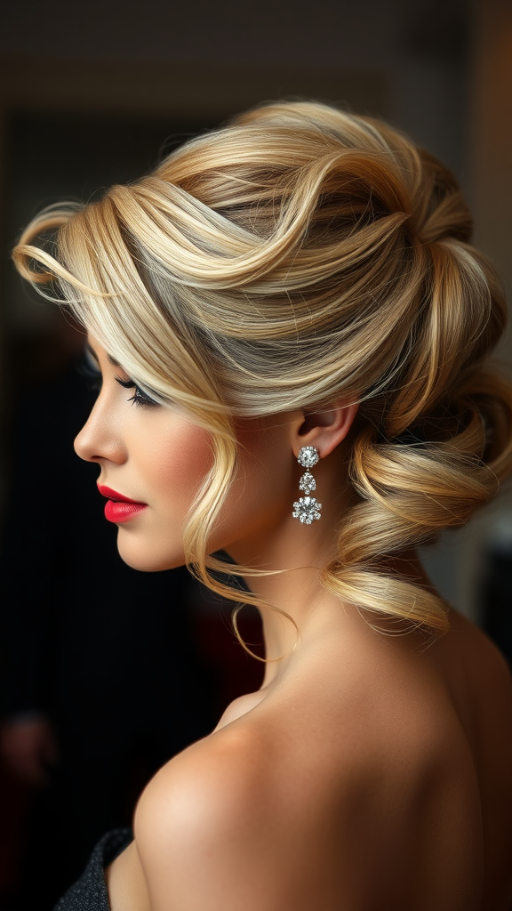 A close-up view of a side-swept hairstyle featuring soft waves and elegant earrings.