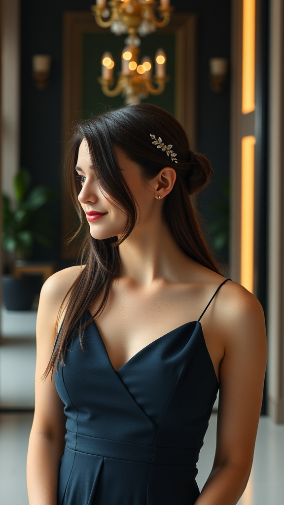 A bridesmaid with sleek straight hair adorned with a delicate hair accessory, wearing a stylish dress in a beautifully lit setting.