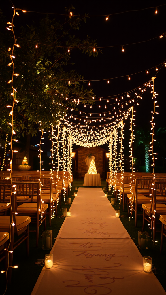 An indoor wedding aisle decorated with string lights and candles, creating a warm and romantic atmosphere.