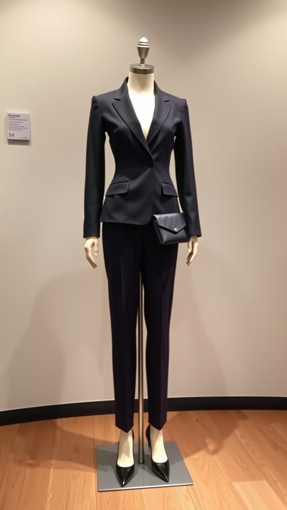 A sophisticated tailored pantsuit displayed on a mannequin, featuring a fitted blazer and matching trousers.