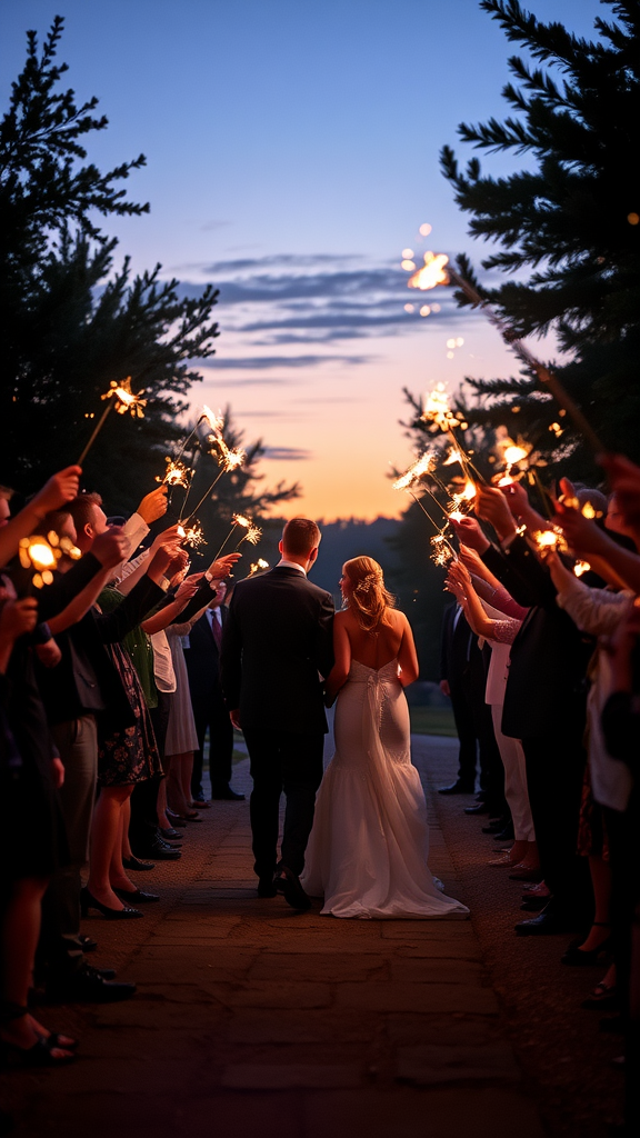 A couple walking through a line of guests holding sparklers at dusk.