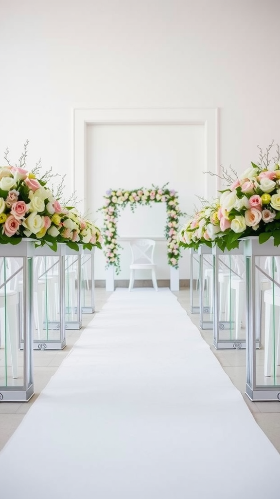 Indoor wedding aisle decorated with symmetrical floral arrangements and a white aisle runner.