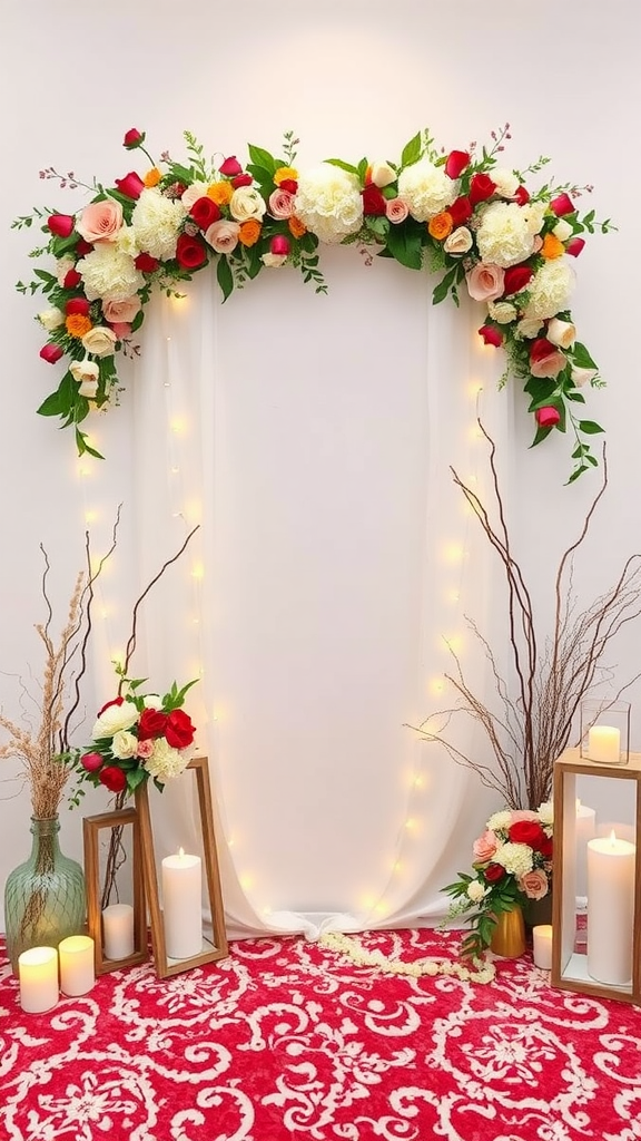 A beautiful wedding backdrop with flowers, lights, and candles