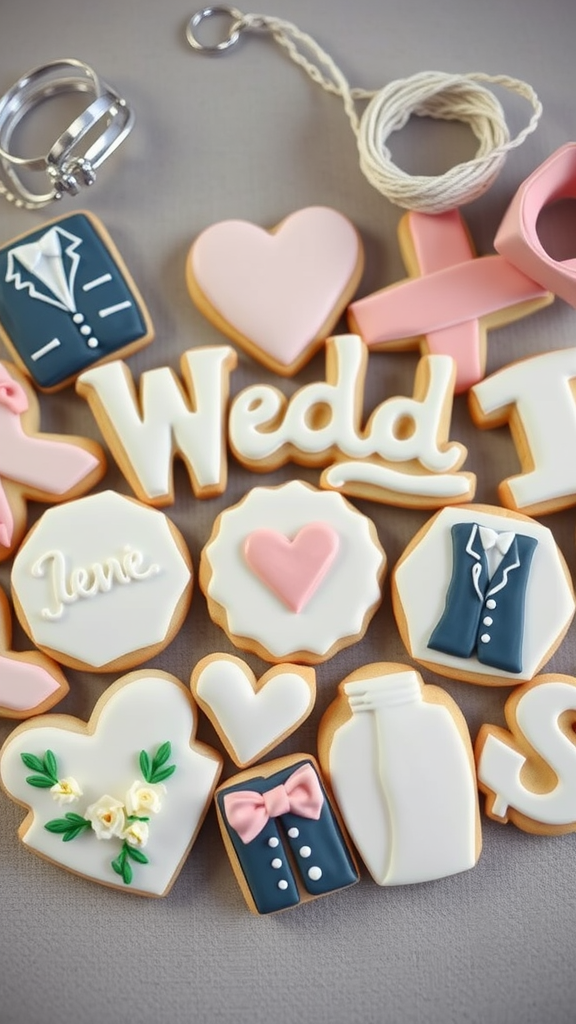 An assortment of wedding-themed cookies including hearts, tuxedos, and the word 'Wedd' decorated with vibrant icing.