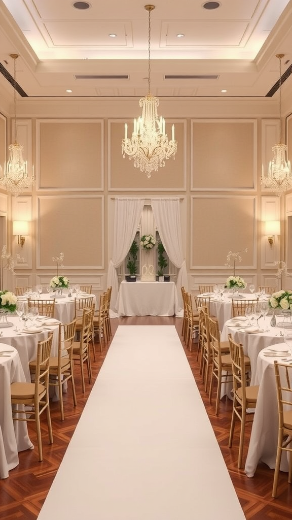 A beautifully decorated indoor wedding venue featuring a white aisle, elegant tables, and chandeliers.