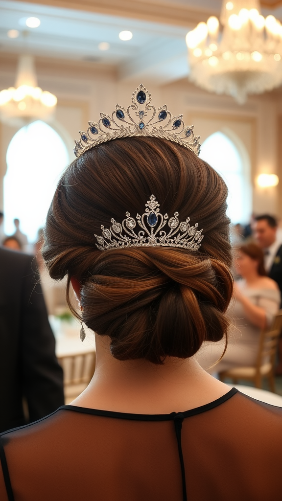 A close-up of a bridesmaid's hairstyle featuring a beautiful updo and a decorative tiara.