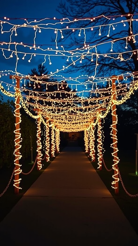 A beautifully lit walkway decorated with twinkling fairy lights, leading to a wedding venue.