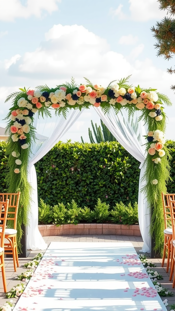 A beautifully decorated wedding ceremony arch with flowers and drapes, set outdoors.