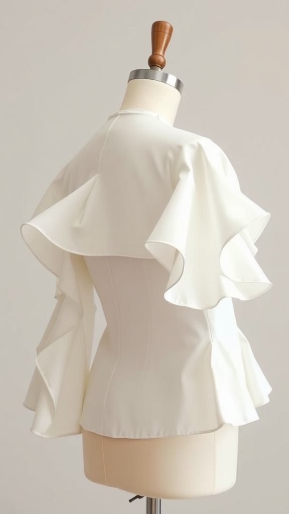 A white wedding blouse with ruffled sleeves displayed on a mannequin.