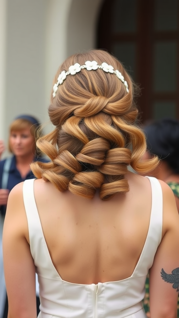 A bride's maid with vintage-inspired hairstyle featuring soft curls and a floral headband, showcasing elegance and charm.