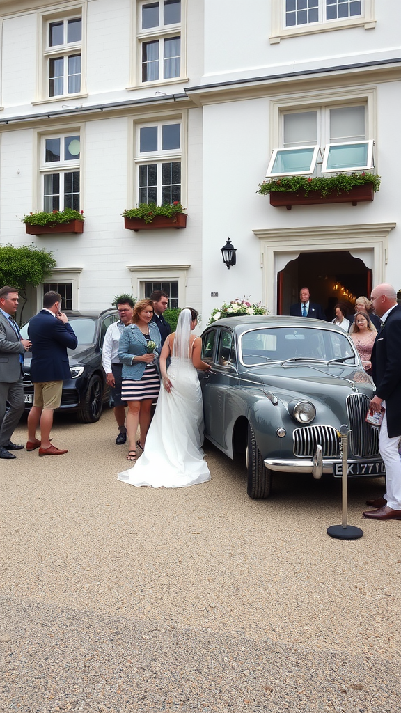 A couple preparing to leave their wedding in a vintage car, surrounded by guests outside a venue.