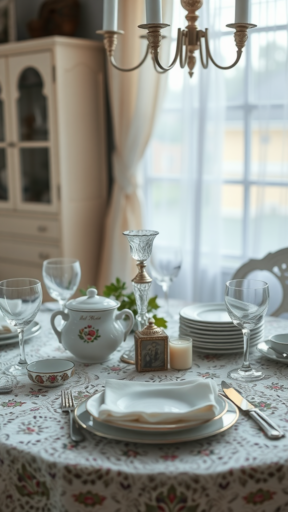 A beautifully set vintage table featuring floral china, crystal glassware, and decorative elements.