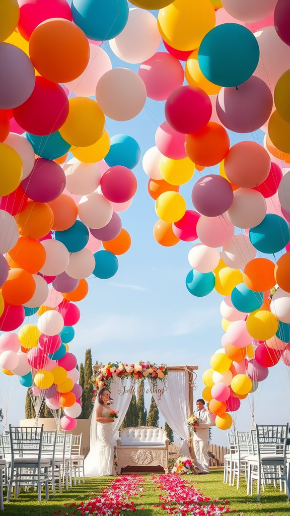 A wedding setup with colorful balloons overhead, a floral arch, and a couple standing beside an elegant couch.