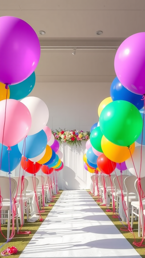 Colorful balloons lining a wedding aisle with a white runner and floral decoration at the end.