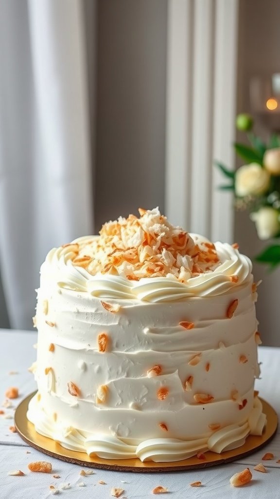 Almond Joy Coconut Cream wedding cake with coconut flakes on top