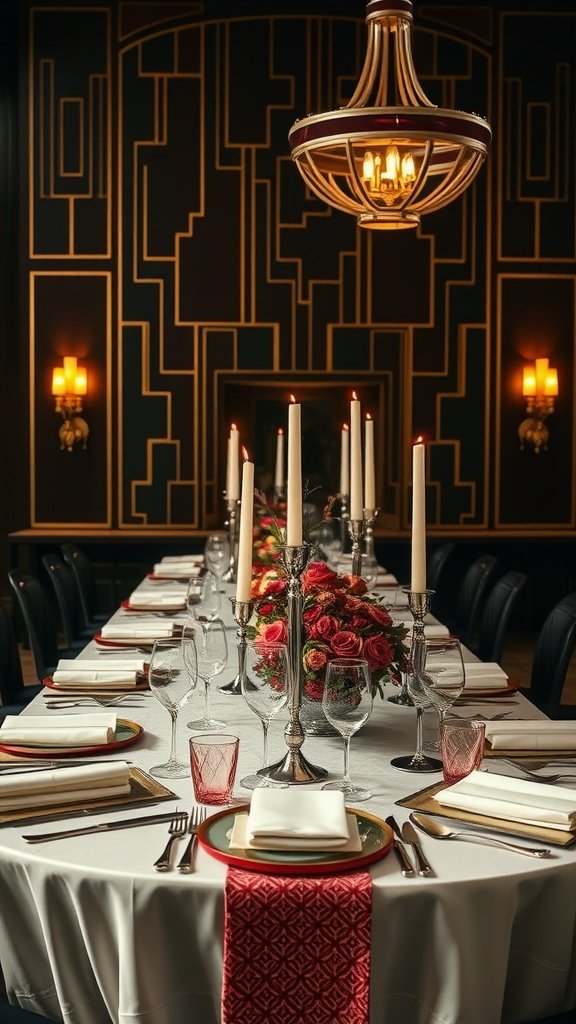 An elegant wedding table setting inspired by Art Deco style, featuring roses, candle holders, and gold accents.