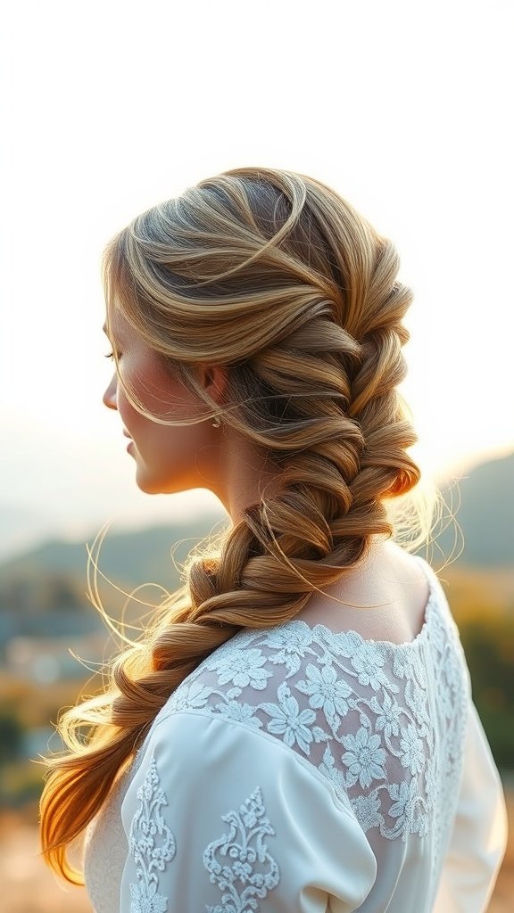 A beautiful side braid hairstyle with soft highlights, styled on a bride wearing an elegant dress.