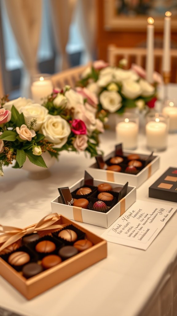 Artisan chocolates in elegant packaging on a wedding table