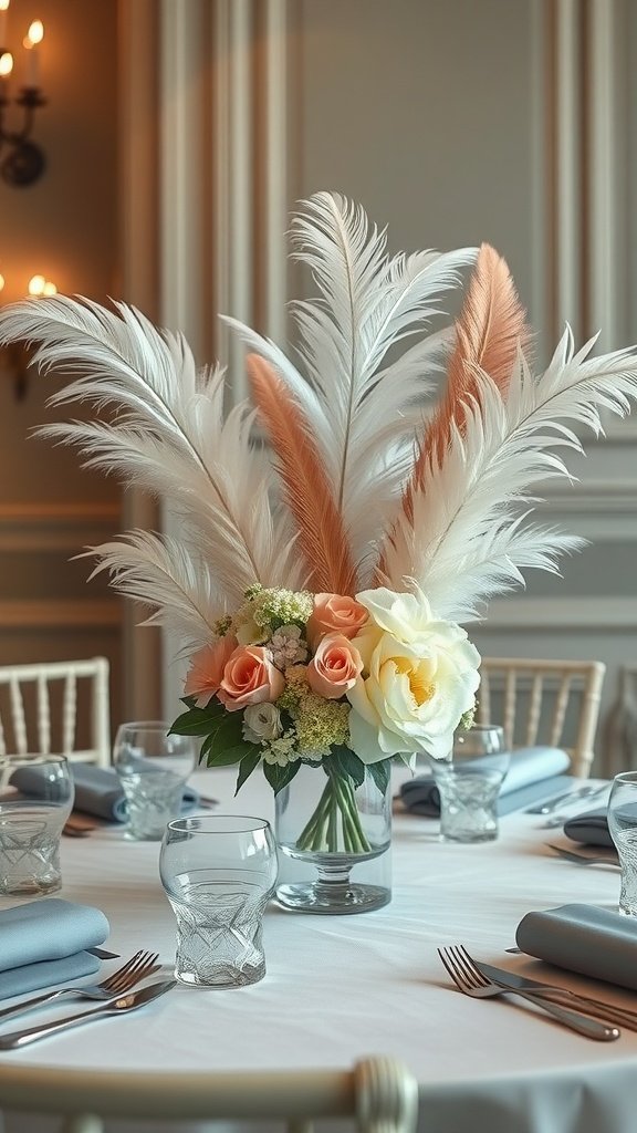 A wedding table centerpiece featuring elegant feathers and roses in a glass vase.