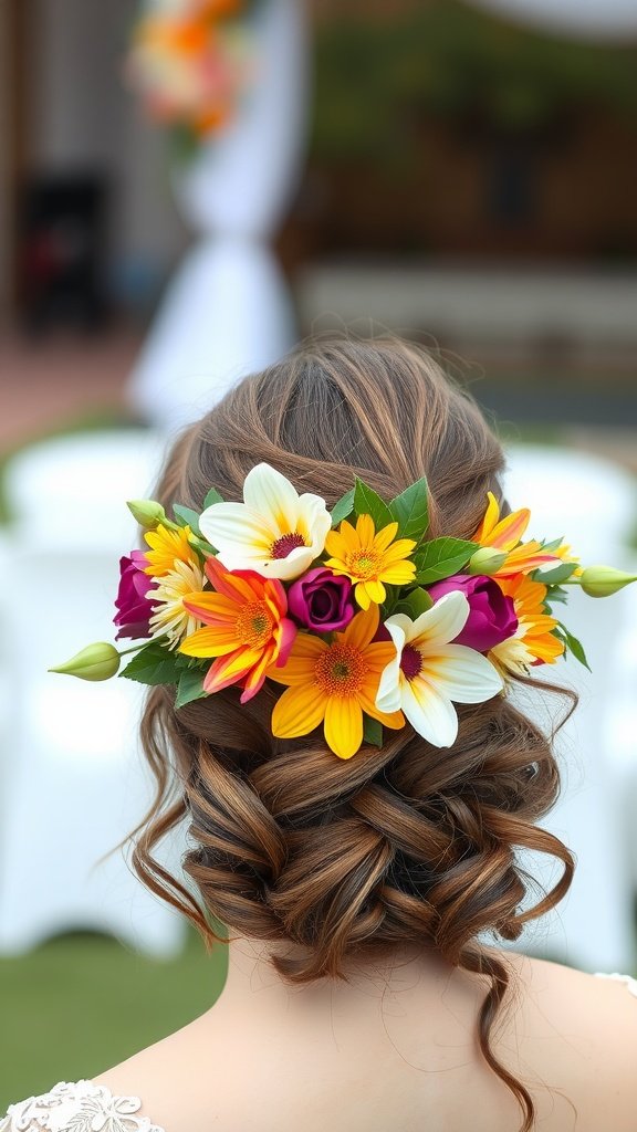 A woman's hair styled in a half-updo with colorful flowers, showcasing curls and a floral crown.