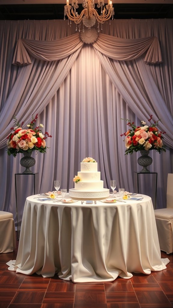 A beautifully decorated wedding cake table with floral arrangements and a chandelier backdrop.