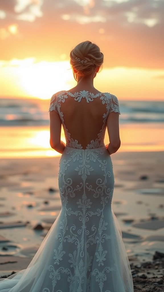 Bride in backless wedding dress standing on the beach during sunset