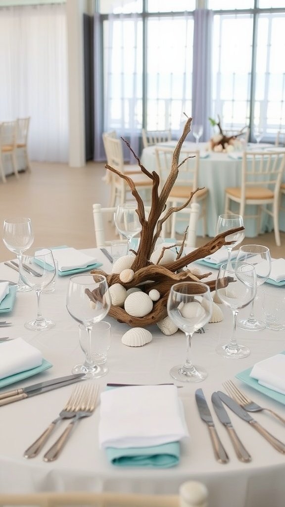 A beach-inspired wedding tablescape featuring driftwood and seashells as a centerpiece, with light blue napkins and glasses.