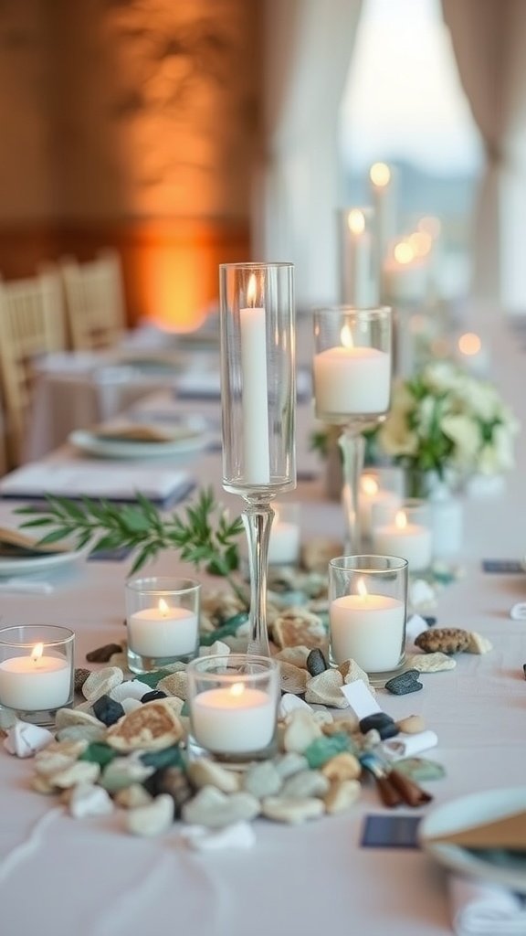 Elegant beach wedding table centerpiece featuring candles and beach glass accents